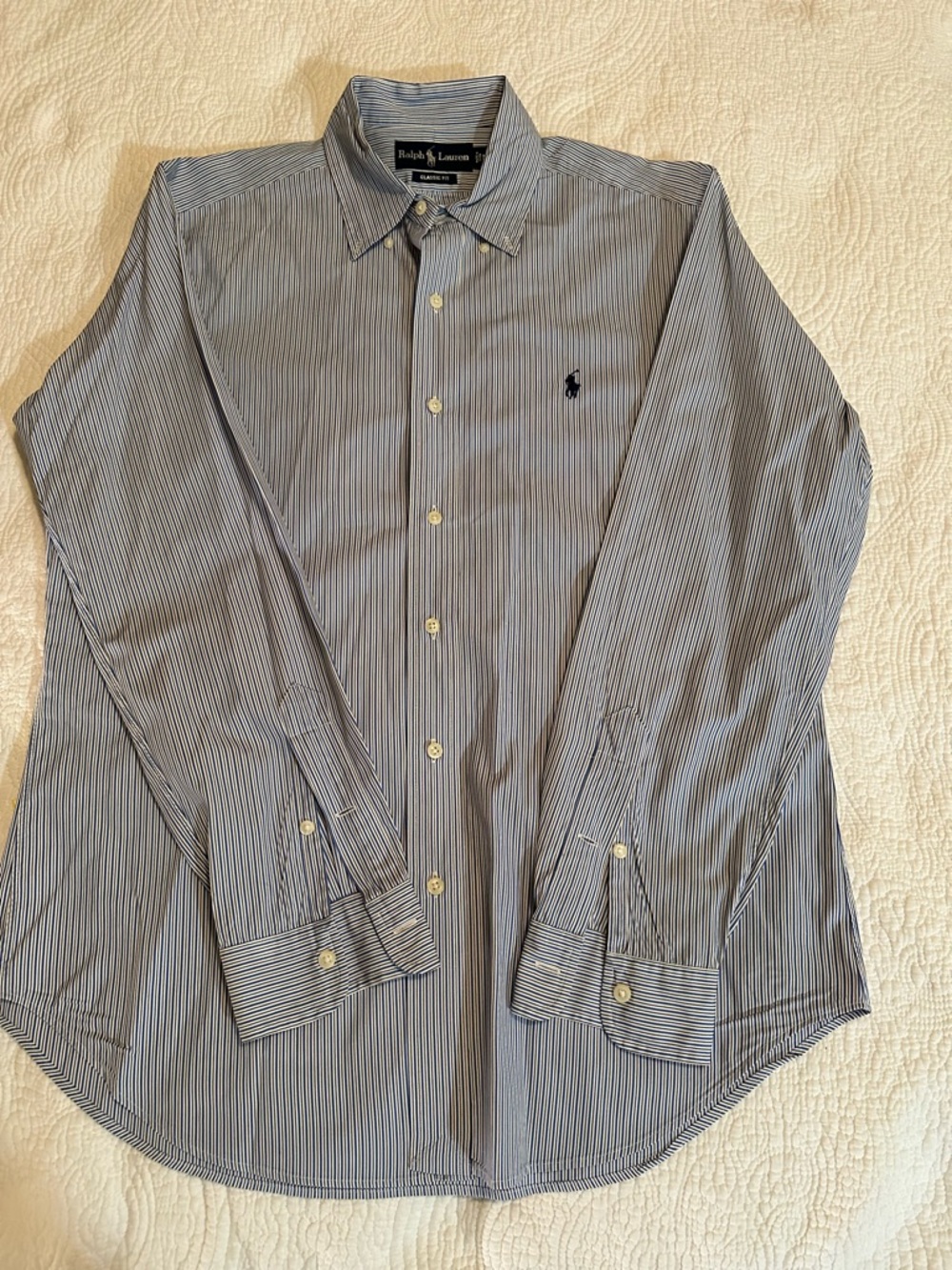 Ralph Lauren Men’s Blue Brown White Pinstripe Button-Down Classic Shirt Medium